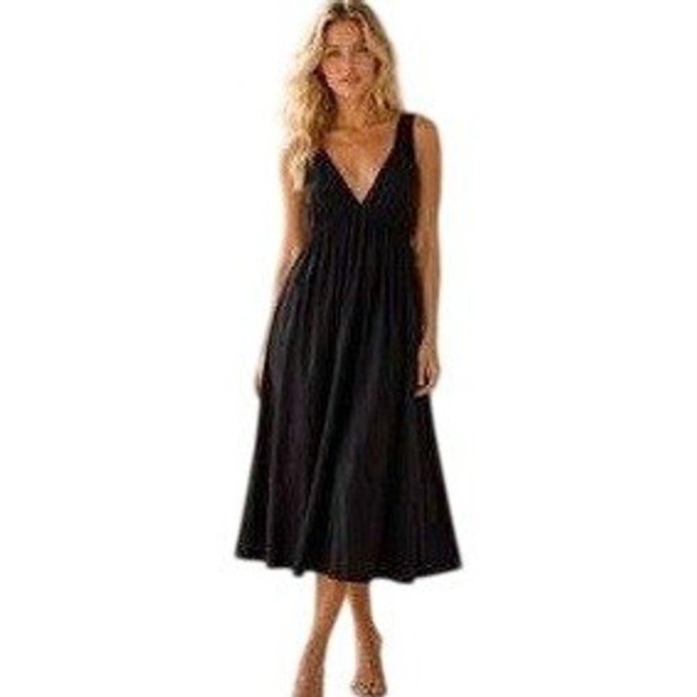 Chris & Carol Womens Black Plunge V-Neck Empire Waist Midi Dress Size Medium